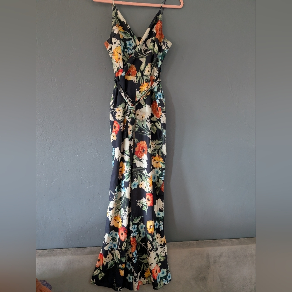 Yumi Kim Black Floral Wrap Jumpsuit with Orange, Yellow & Blue Blooms